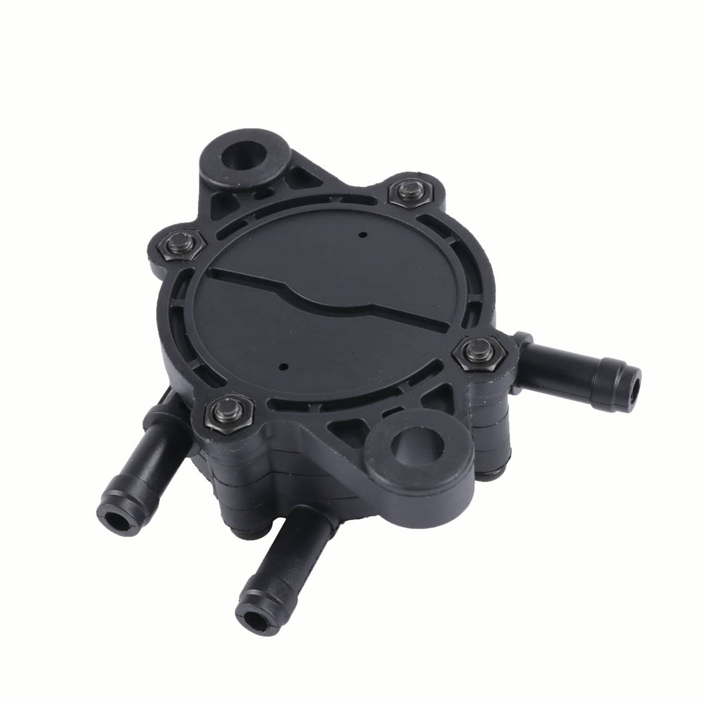 Black diaphragm fuel pump close-up with round cover, side ports, and mounting screws