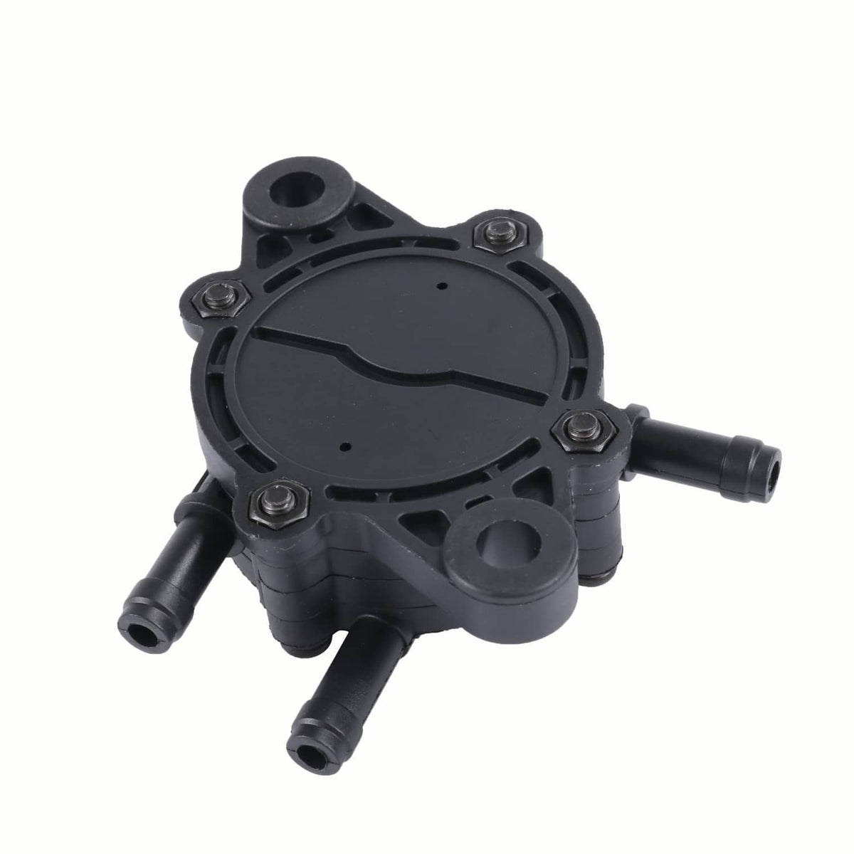 Black diaphragm fuel pump close-up with round cover, side ports, and mounting screws