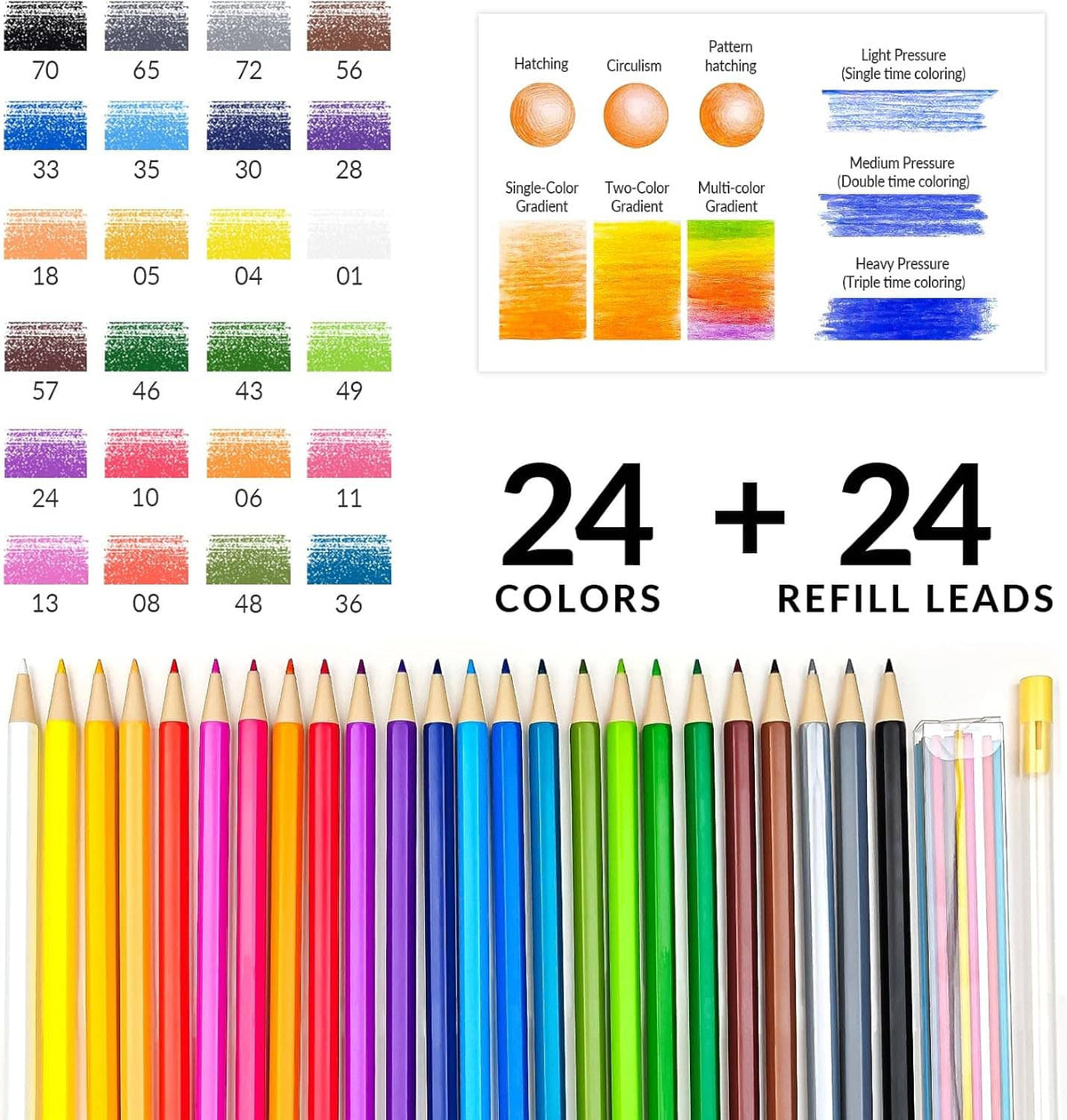 24 colored mechanical pencils plus 24 refill leads with color swatches and labeled parts