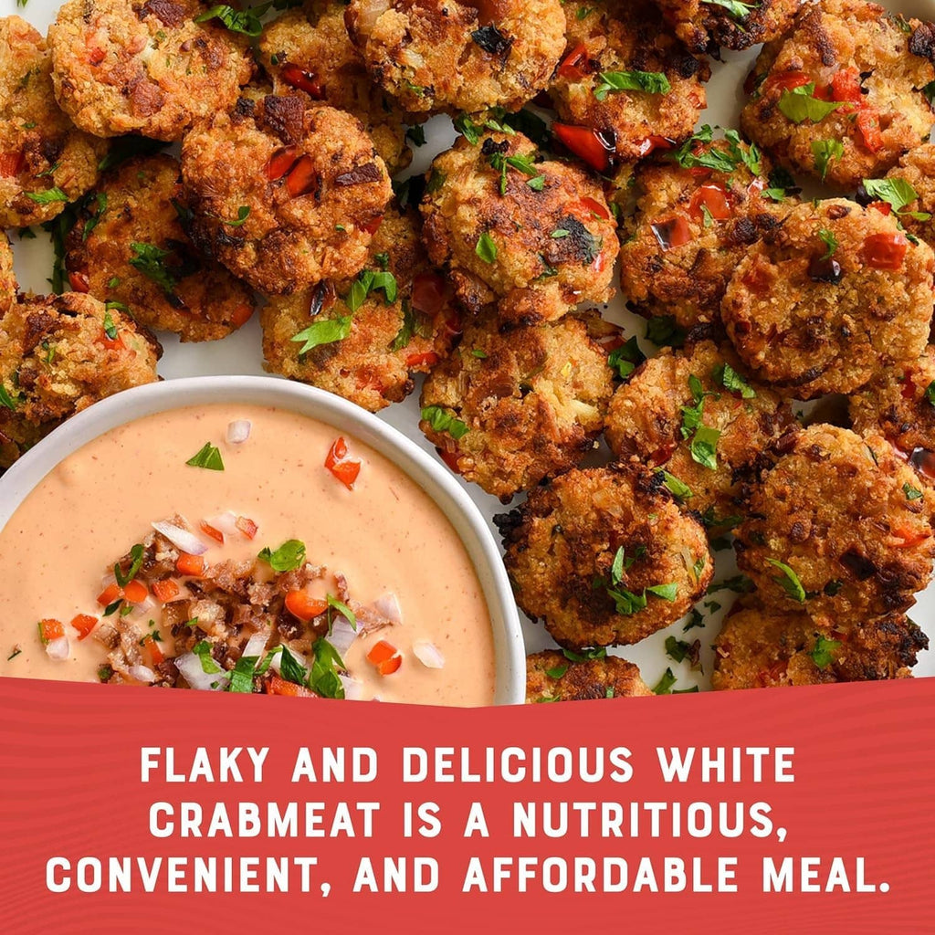 Bumble Bee white crab meat flakes with sauce and herbs shown