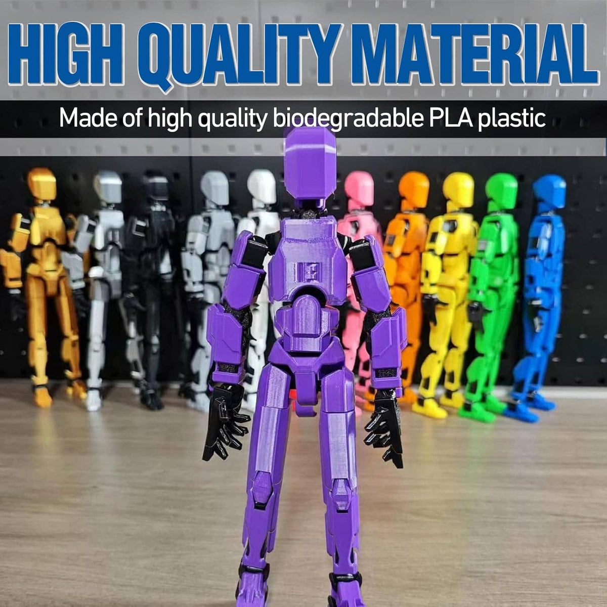 Purple poseable action figure standing among multicolor figures