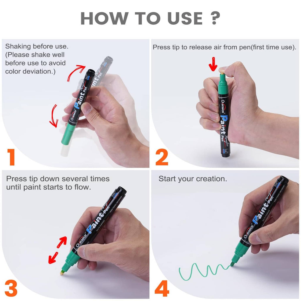 Acrylic paint marker how-to steps with hands showing shaking, pressing, and drawing