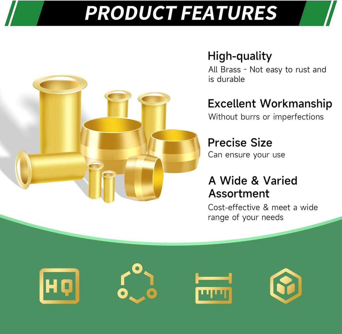 Brass compression fitting sleeves and inserts set, feature callouts on infographic
