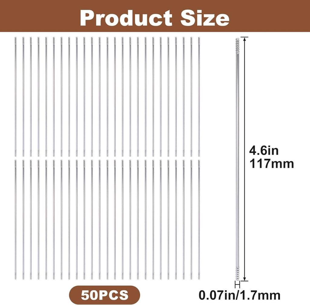 Stainless steel beadable pen extender rods on a size chart, 4.6 in length