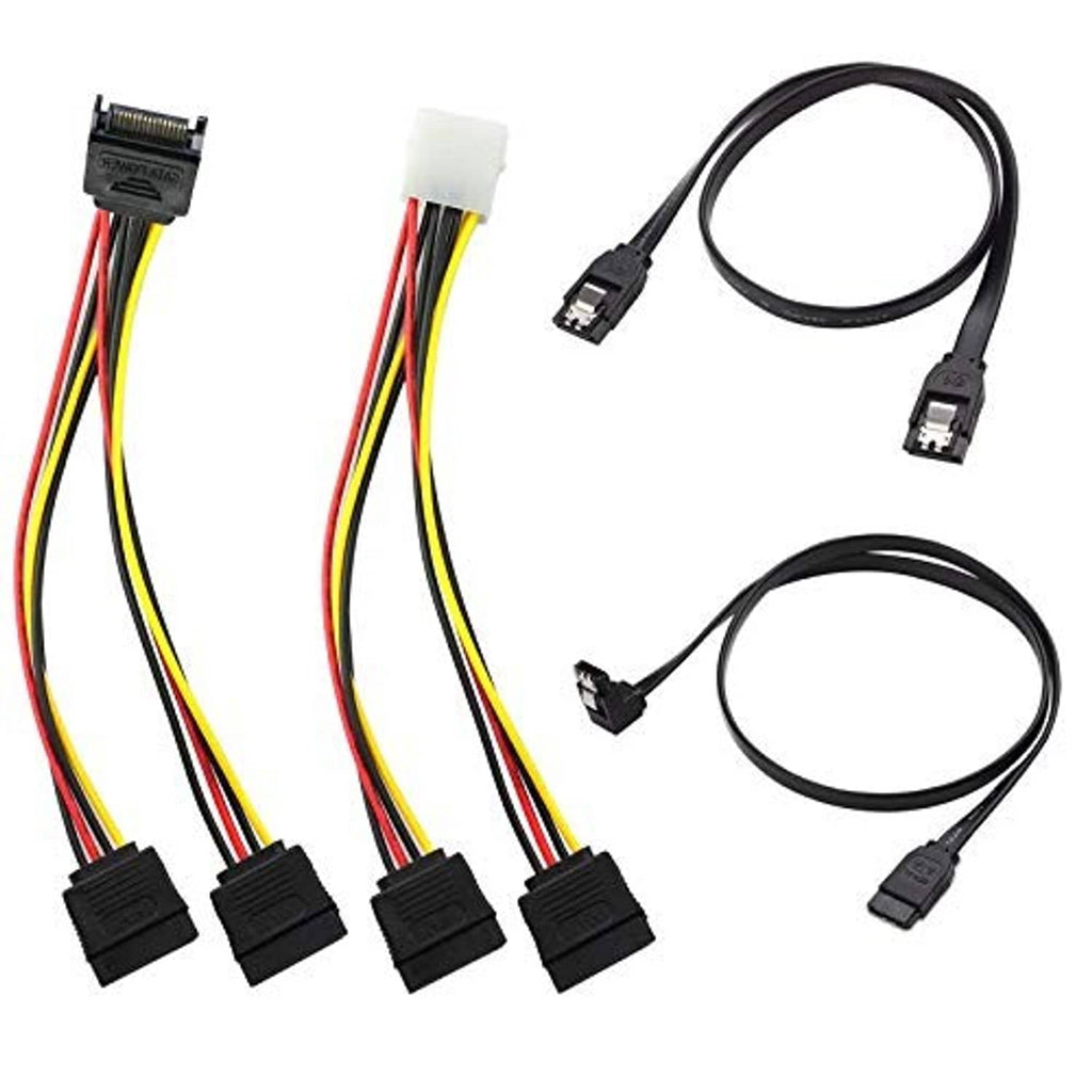 SATA data and 15-pin power splitter cables with black connectors, four-piece set