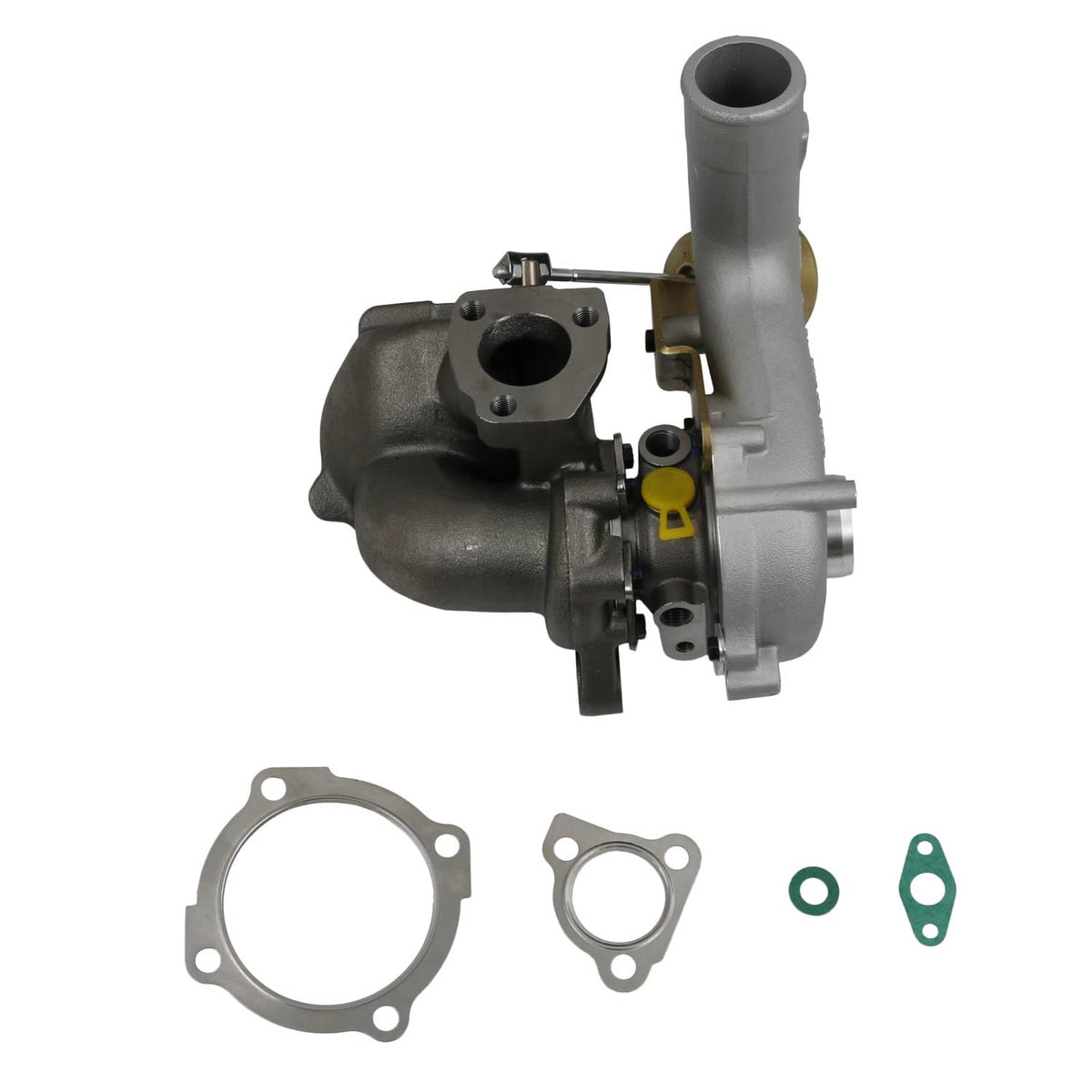 Turbocharger with silver pipe outlet, black intake housing, and gasket set