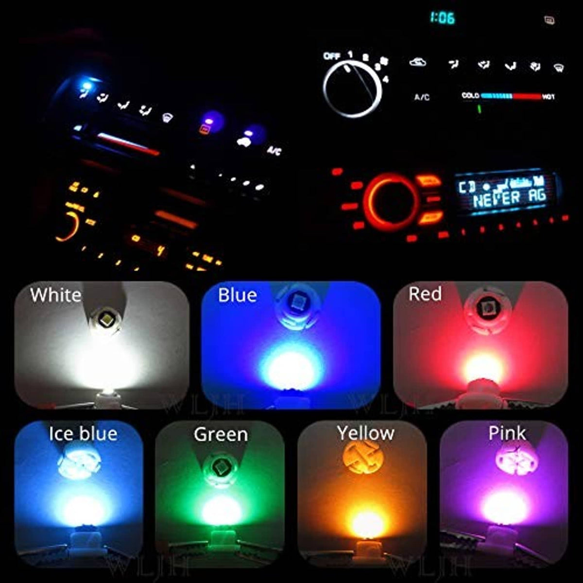 LED wedge bulbs showing blue and other colors; glowing blue bulb with white base