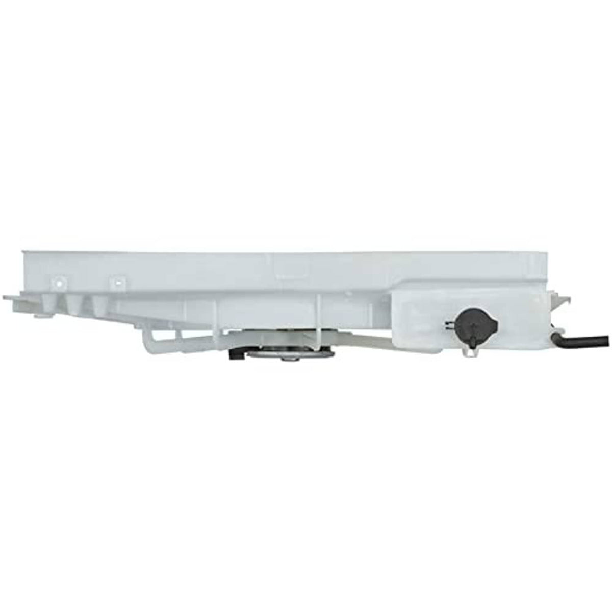 Radiator cooling fan assembly side view with long white shroud and wire connector