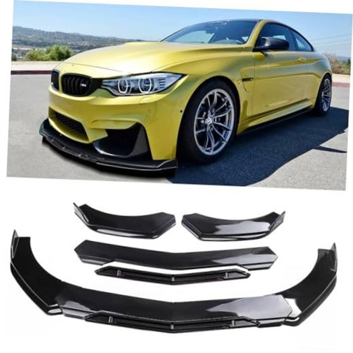 Glossy black universal front bumper lip spoiler on a vehicle front bumper