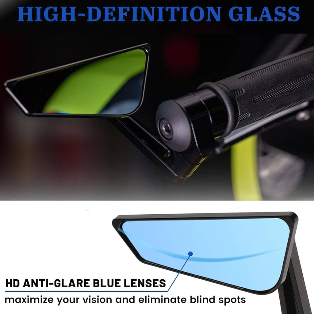 Motorcycle bar-end mirror with blue anti-glare lens and black bar clamp