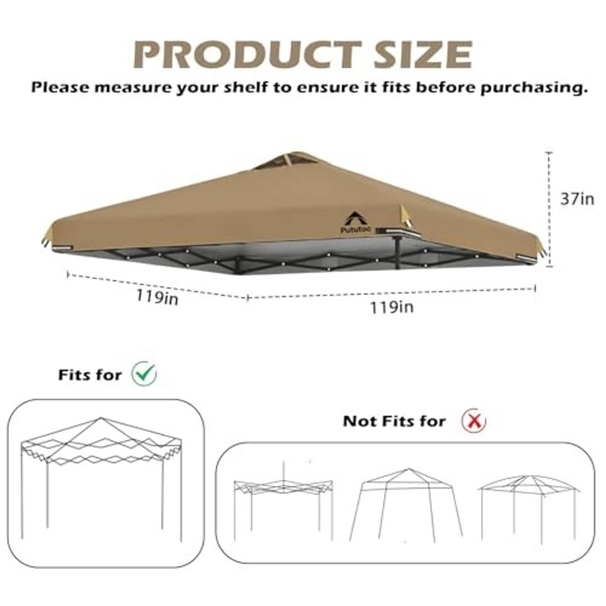 Khaki canopy top cover 10x10ft size guide with fit and not-fit comparison