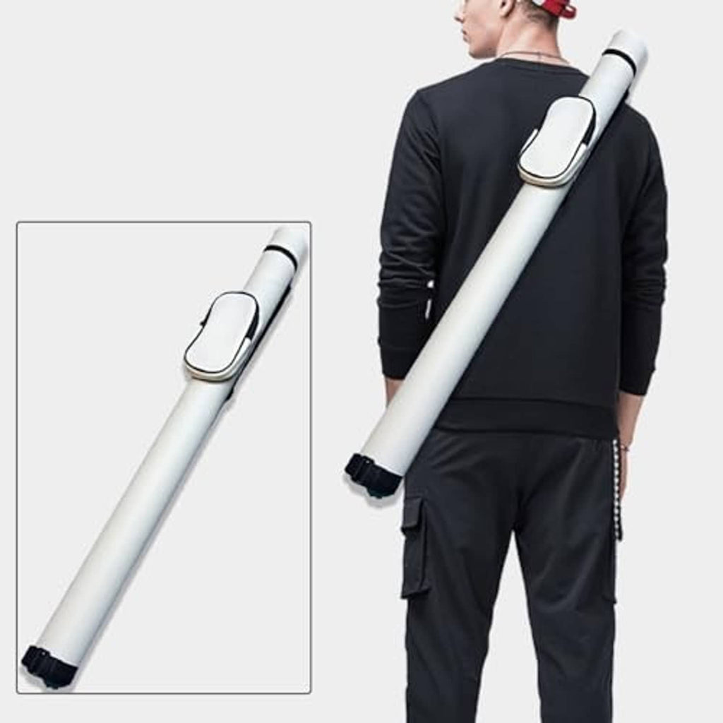 White hard pool cue case carried on shoulder with protective padded zipper pouch
