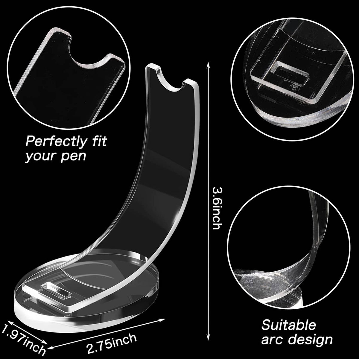 Clear acrylic pen holder with curved cradle and open slot, suitable for pens