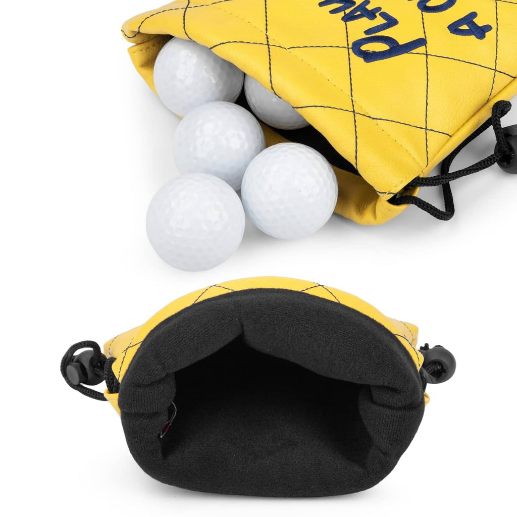 Yellow drawstring pouch open to show golf balls and black soft interior lining.