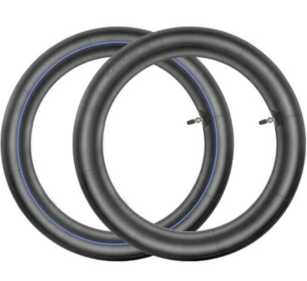 Two black butyl rubber inner tubes with straight TR4 valve stems, angled view