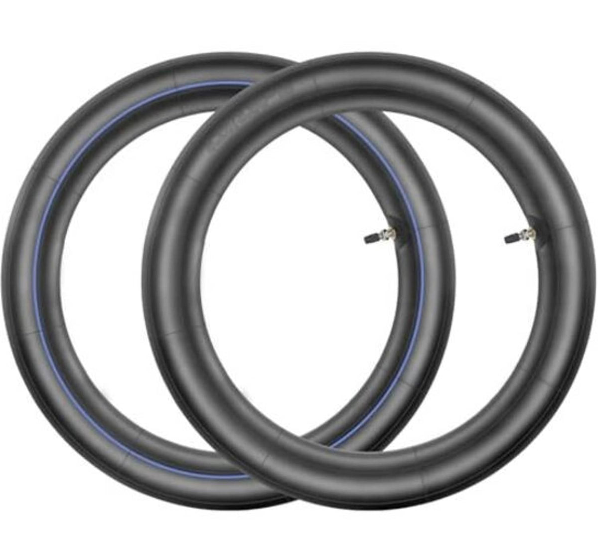 Two black butyl rubber inner tubes with straight TR4 valve stems, angled view