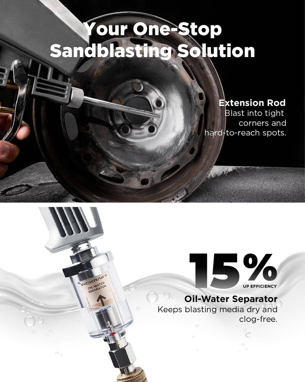 Sand blaster gun with extension rod tip and oil-water separator for clean blasting