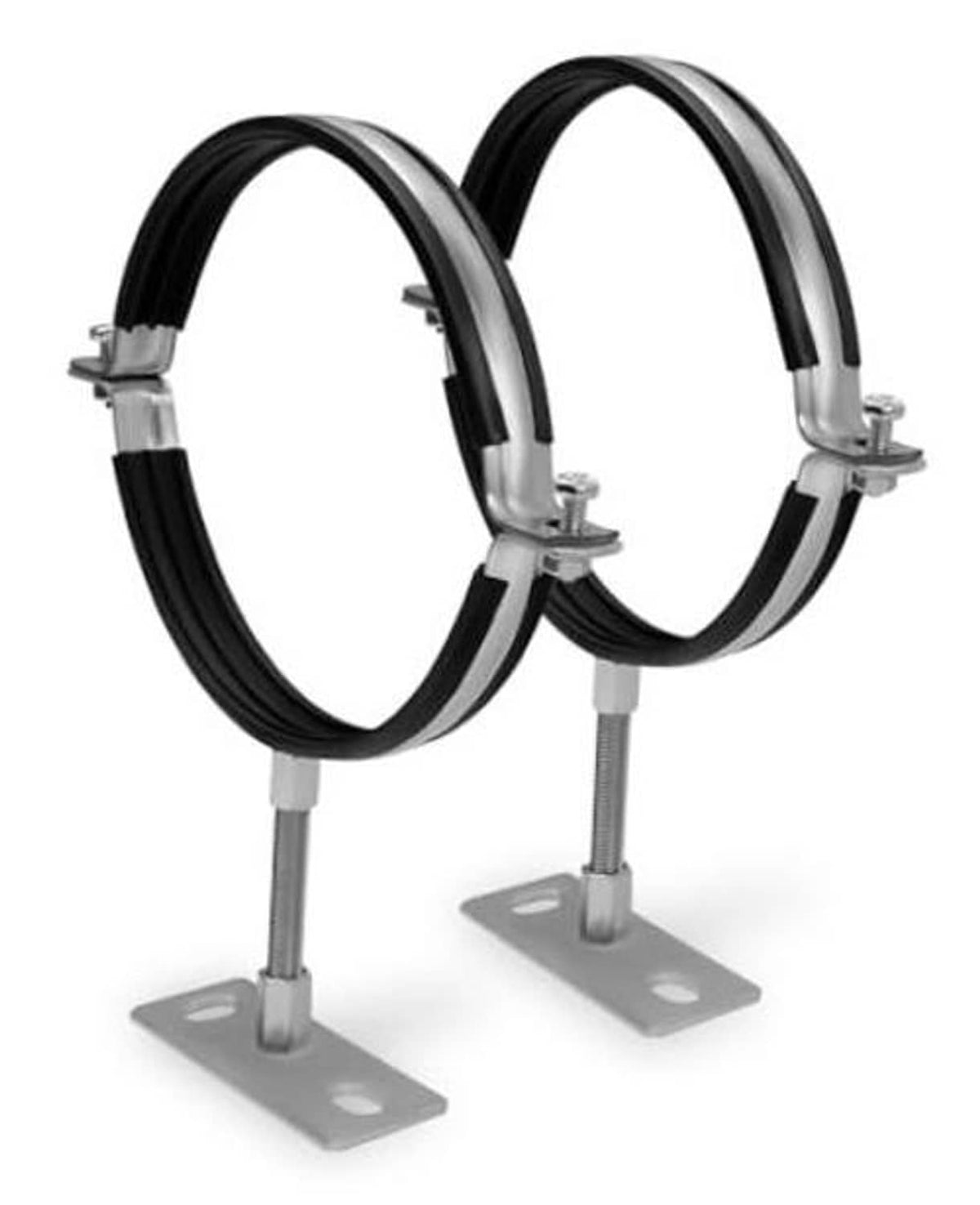 2-piece adjustable split-ring pipe hangers with black anti-slip mats and steel bases