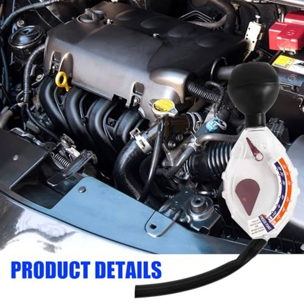 Antifreeze coolant tester attached near engine components, black bulb and clear dial