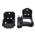 Black driver-side upper and lower door hinge set with coil springs and mounting holes.