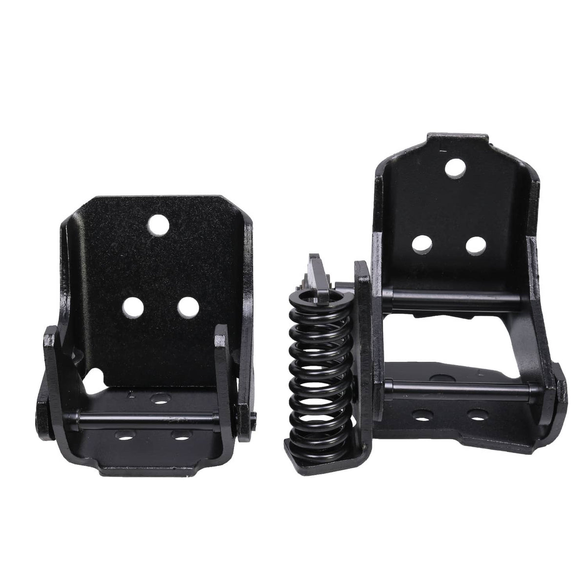 Black driver-side upper and lower door hinge set with coil springs and mounting holes.
