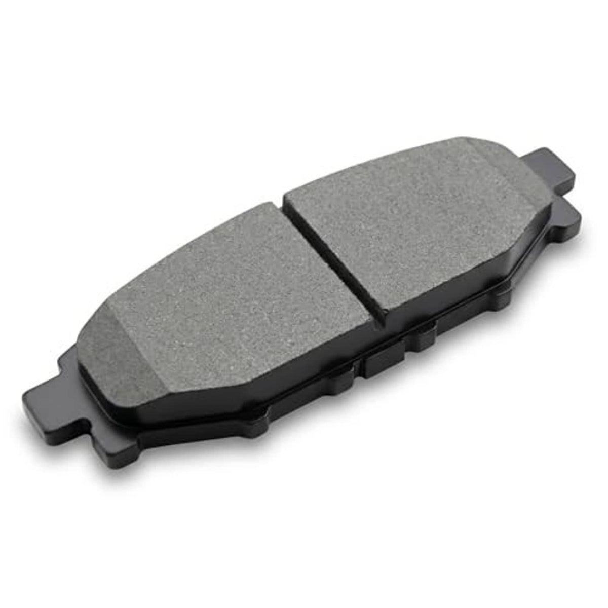 Gray brake pad with two-piece friction surface and metal mounting hardware