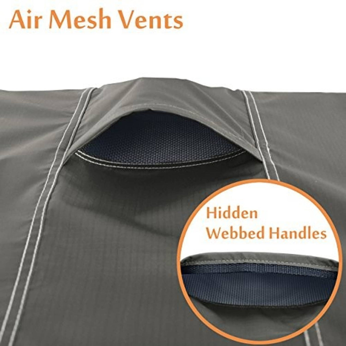 Brown outdoor AC cover with air mesh vent opening and hidden webbed carry handles.
