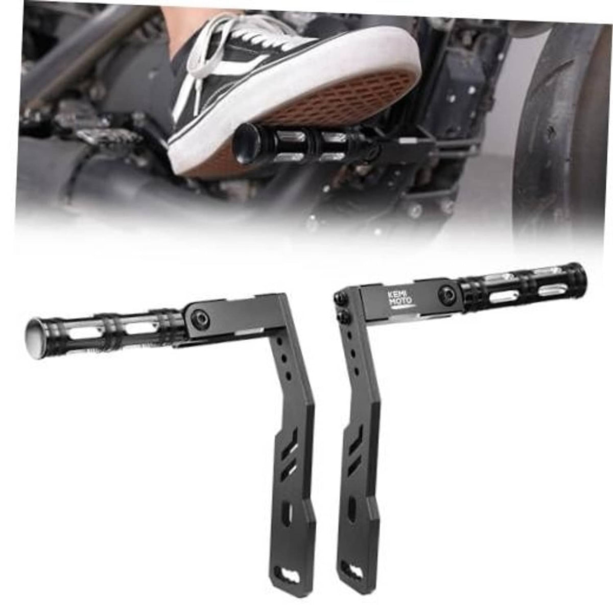 Adjustable folding motorcycle highway foot pegs with two metal mounting brackets