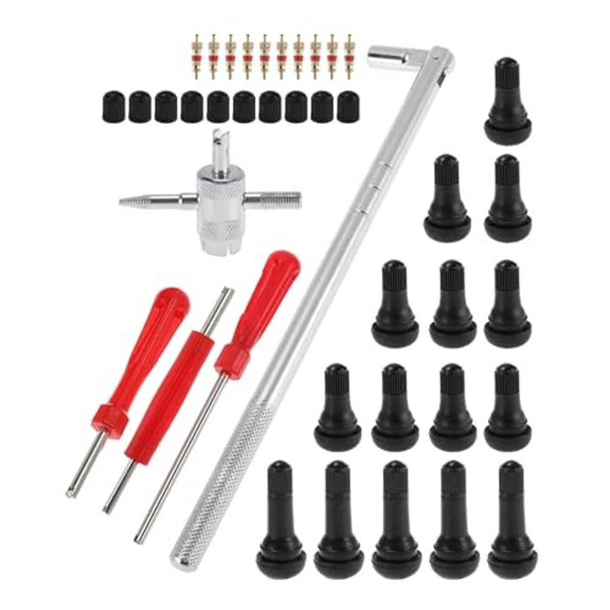 Tire valve stem puller kit with long puller wrench, red tools, and multiple black caps