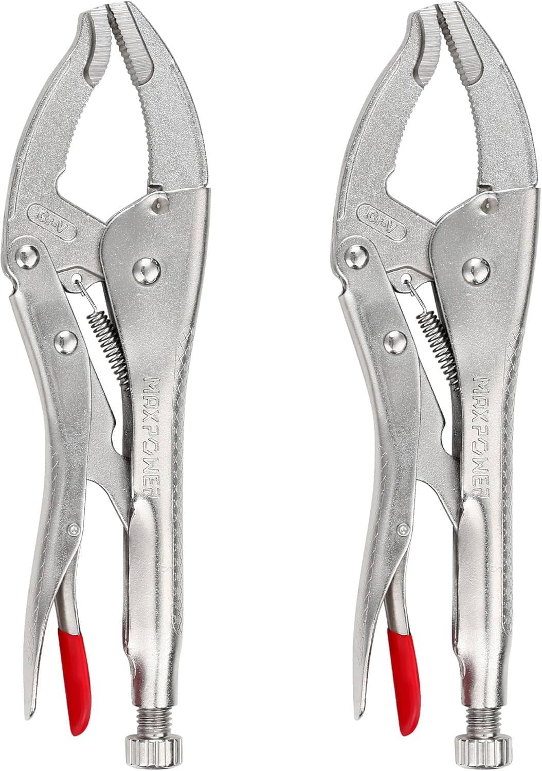 Pair of curved jaw locking pliers with red grips and threaded adjuster ends