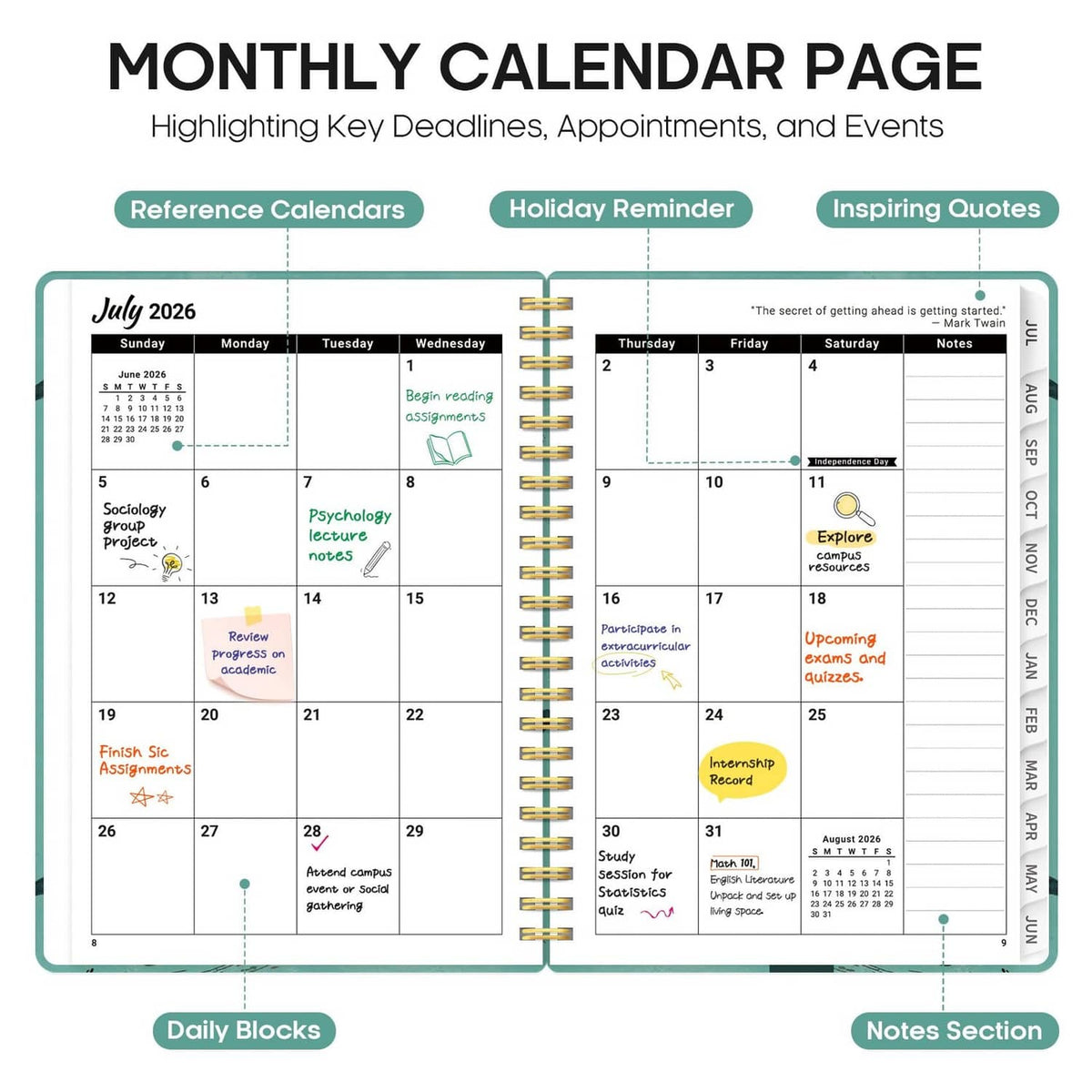 Open monthly calendar page with highlighted key dates, appointments, and events