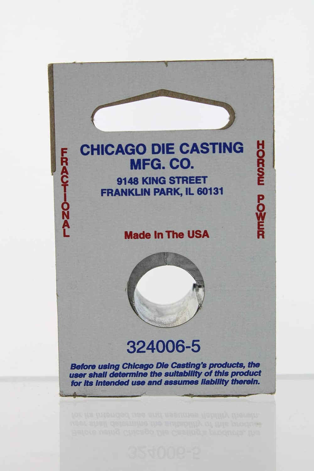 Die cast pulley box back showing model 324006-5 and Made in USA
