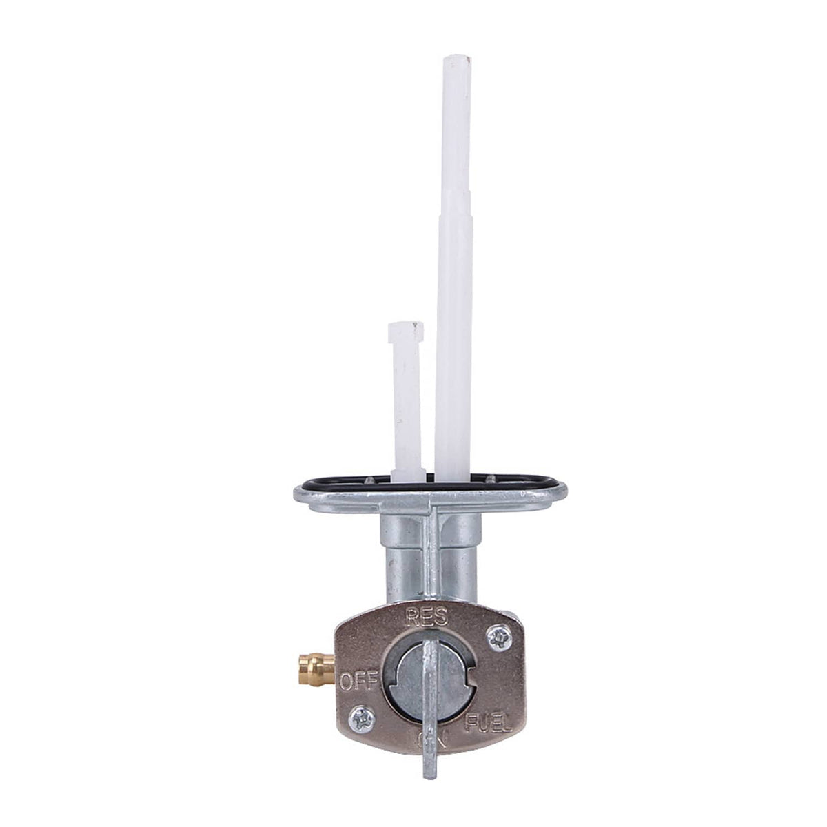 Fuel tank petcock valve assembly with circular base, selector, and vertical tube