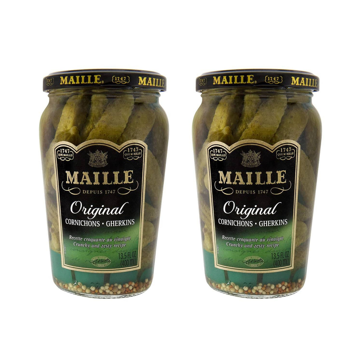 Maille Original cornichons jar with green gherkin pickles inside