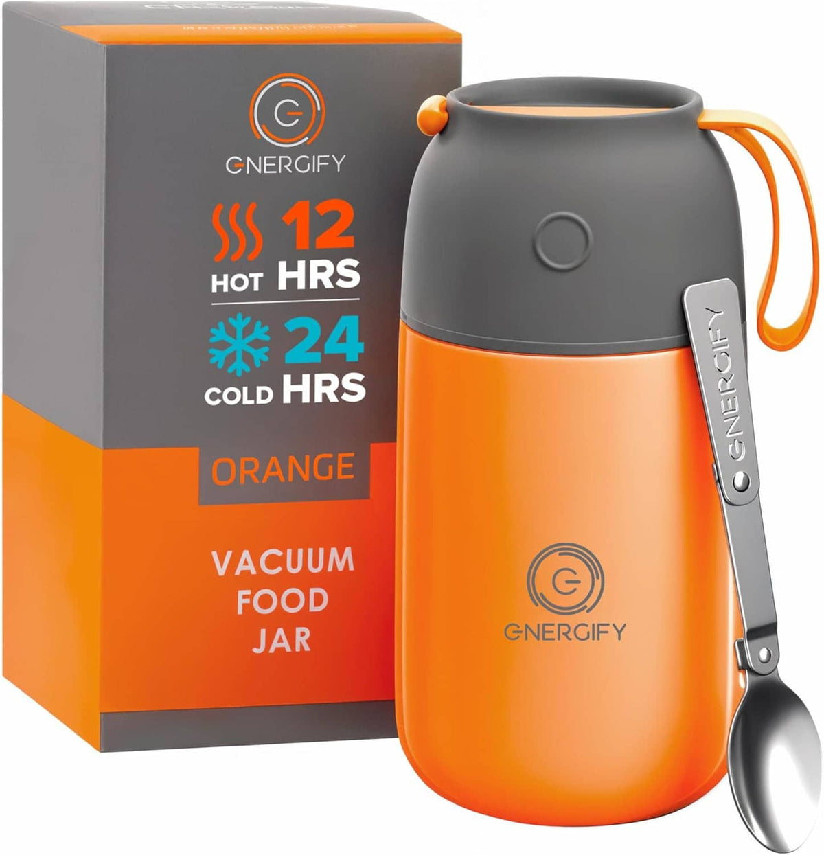 Large vacuum insulated food jar in orange and gray with lid, strap loop, folding spoon