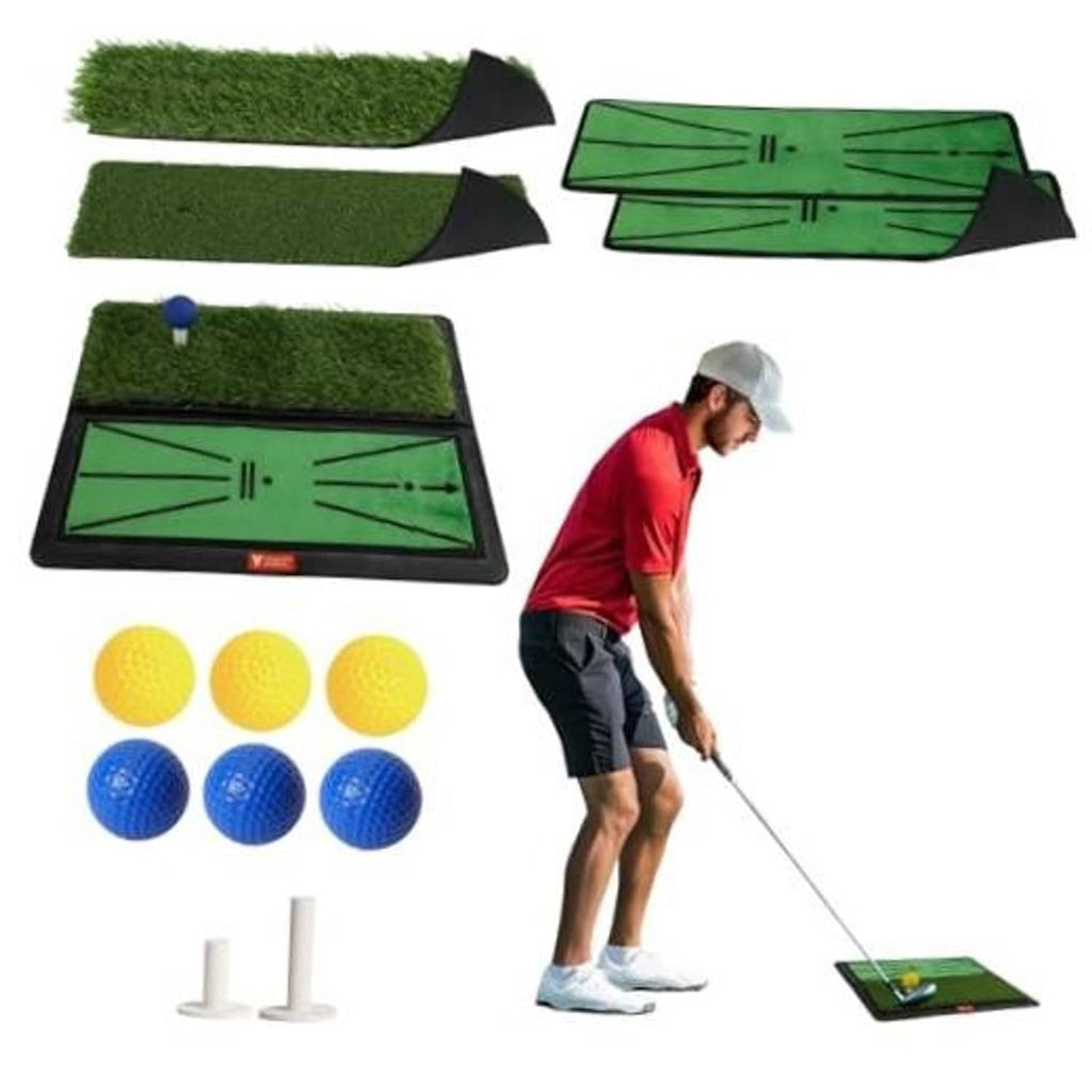 Four-piece golf hitting mat set with green dual-turf sections and black base pads