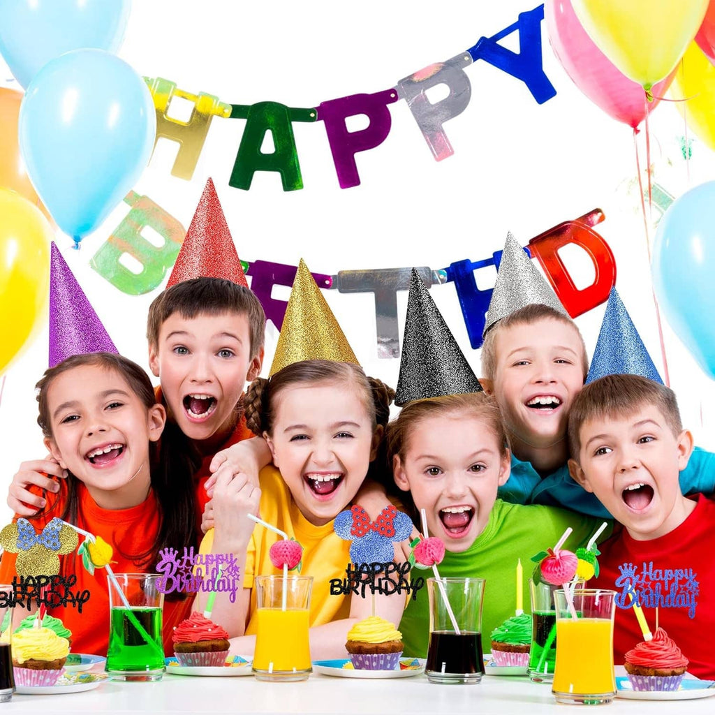 Purple glitter cardstock for party decor, held among colorful birthday balloons