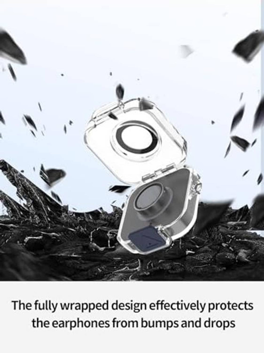 Clear shockproof charger case with blue circular insert and hinged lid, impact-protecting