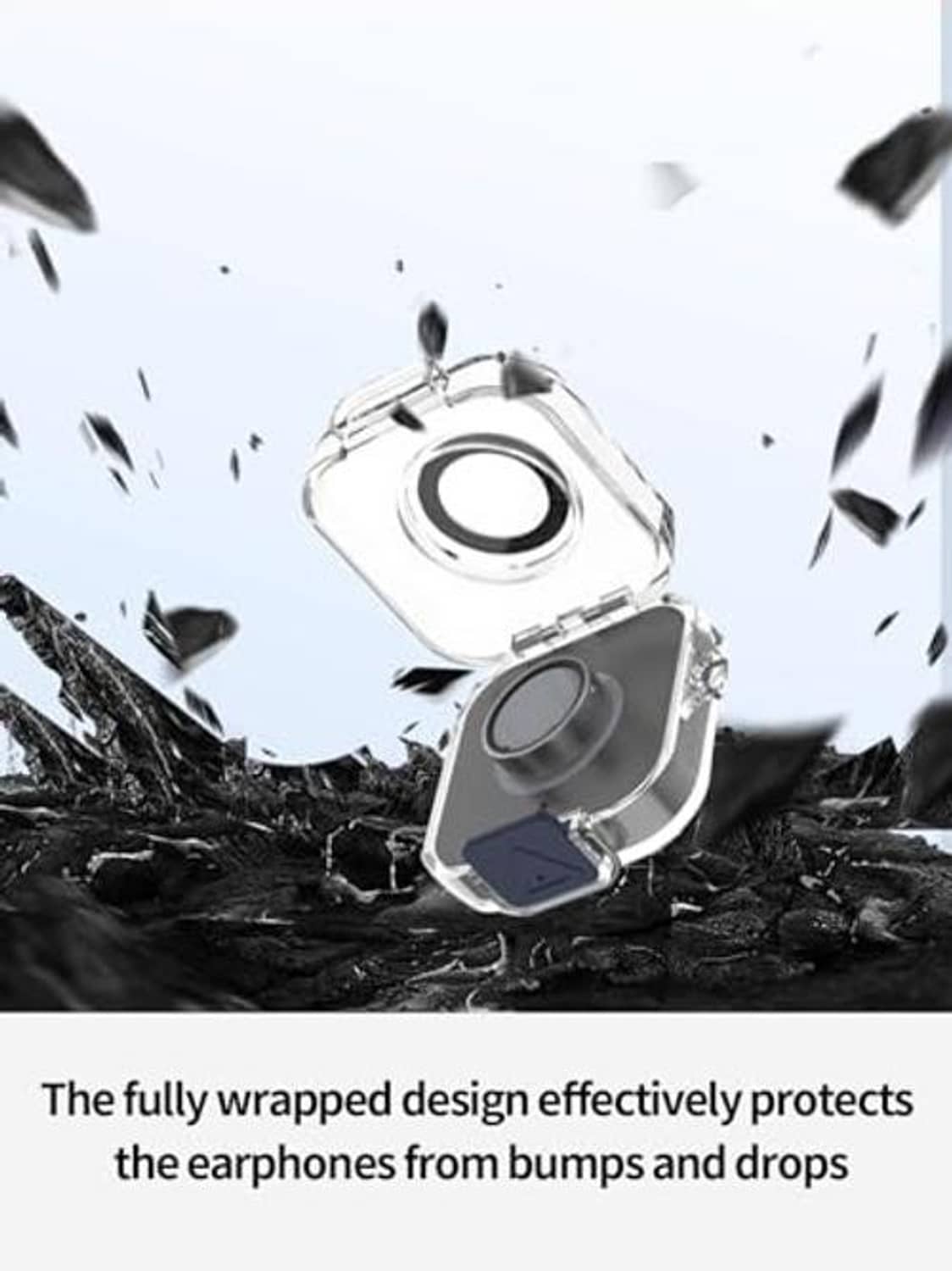 Clear shockproof charger case with blue circular insert and hinged lid, impact-protecting