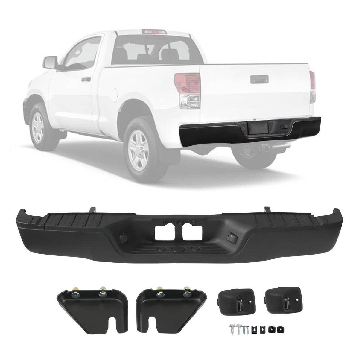 Black rear step bumper assembly with mounting brackets and fastener hardware
