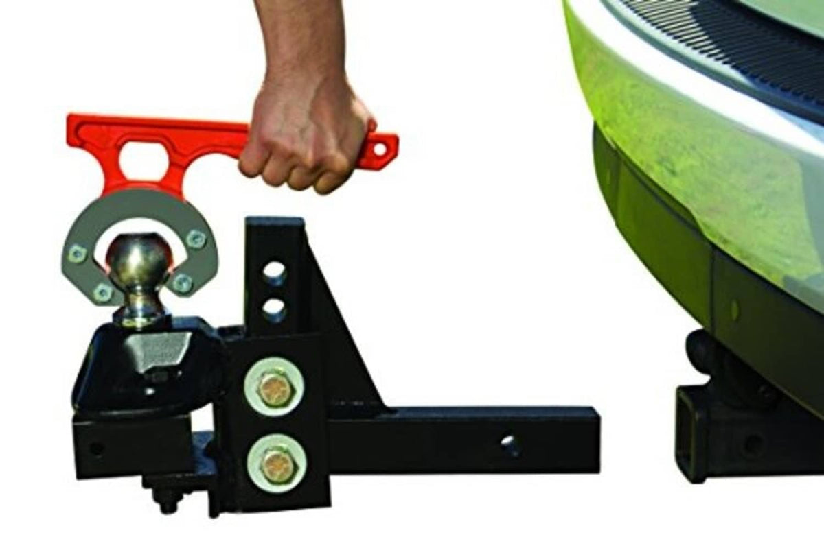 Red and black hitch ball mount carrier with ball receiver and side bracket