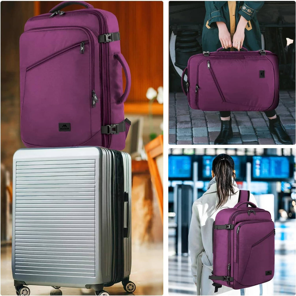 Purple travel backpack worn and carried in airport setting
