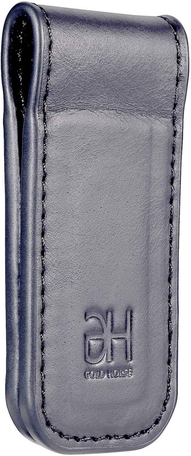 Grey leather magnetic money clip sleeve with visible stitching and EH logo, close-up