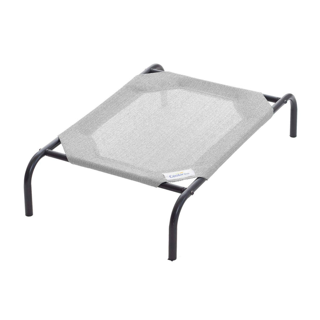 Grey elevated dog bed with curved black metal legs and woven fabric sleeping surface