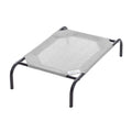 Grey elevated dog bed with curved black metal legs and woven fabric sleeping surface