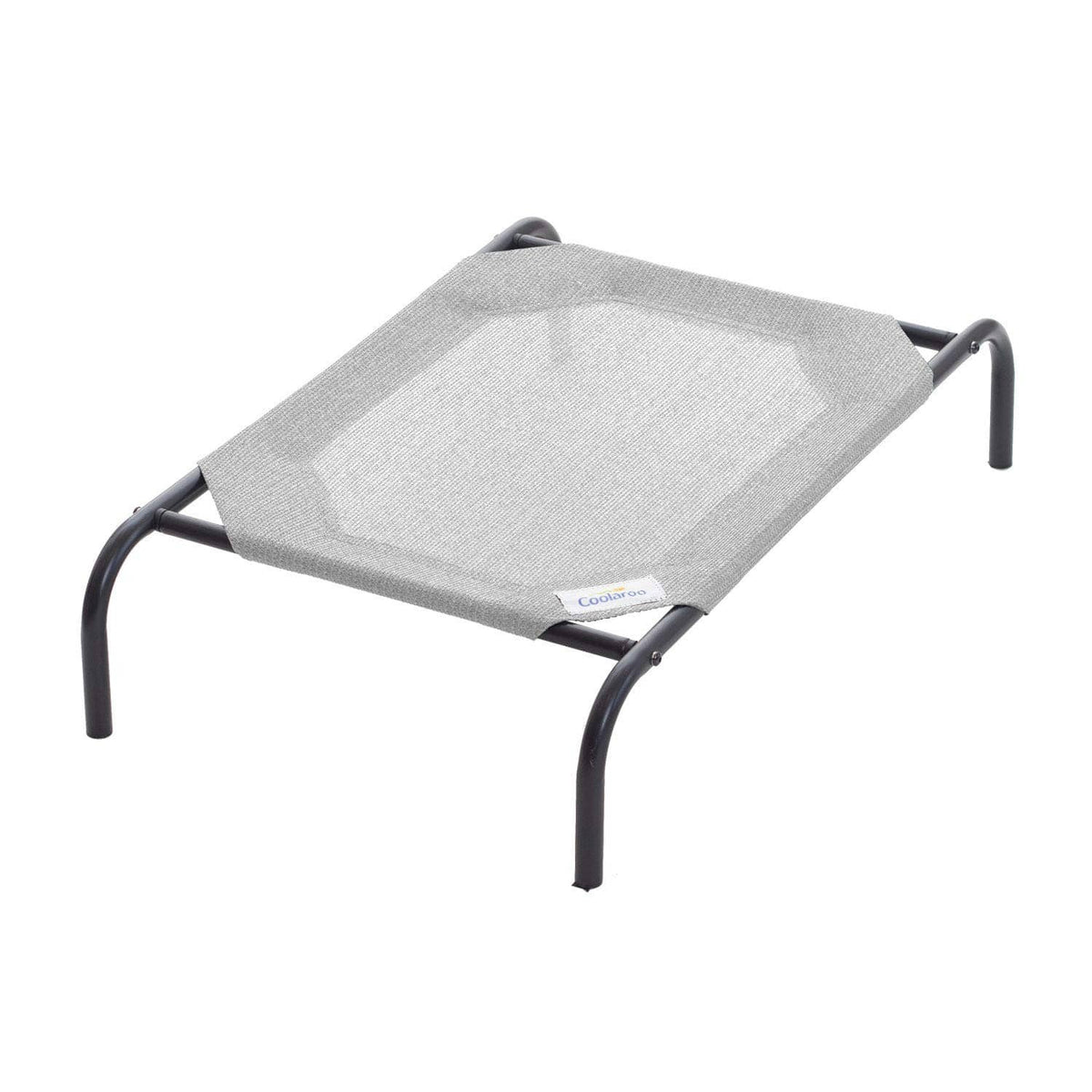 Grey elevated dog bed with curved black metal legs and woven fabric sleeping surface