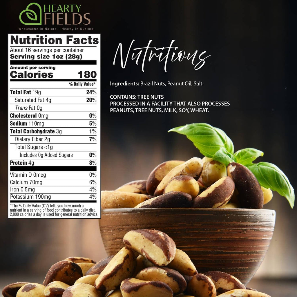 Nutrition facts label beside roasted salted brazil nuts and a bowl of nuts