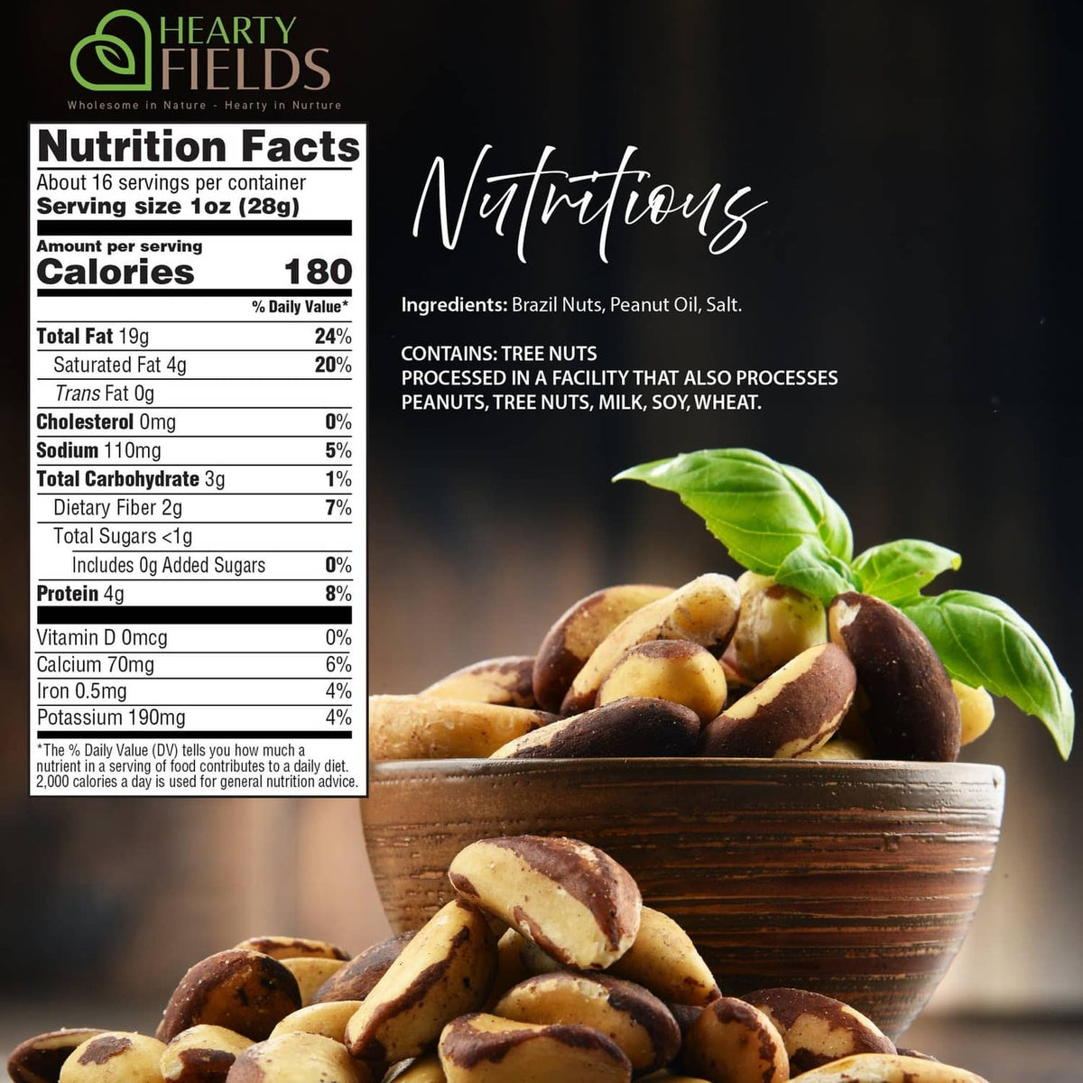 Nutrition facts label beside roasted salted brazil nuts and a bowl of nuts