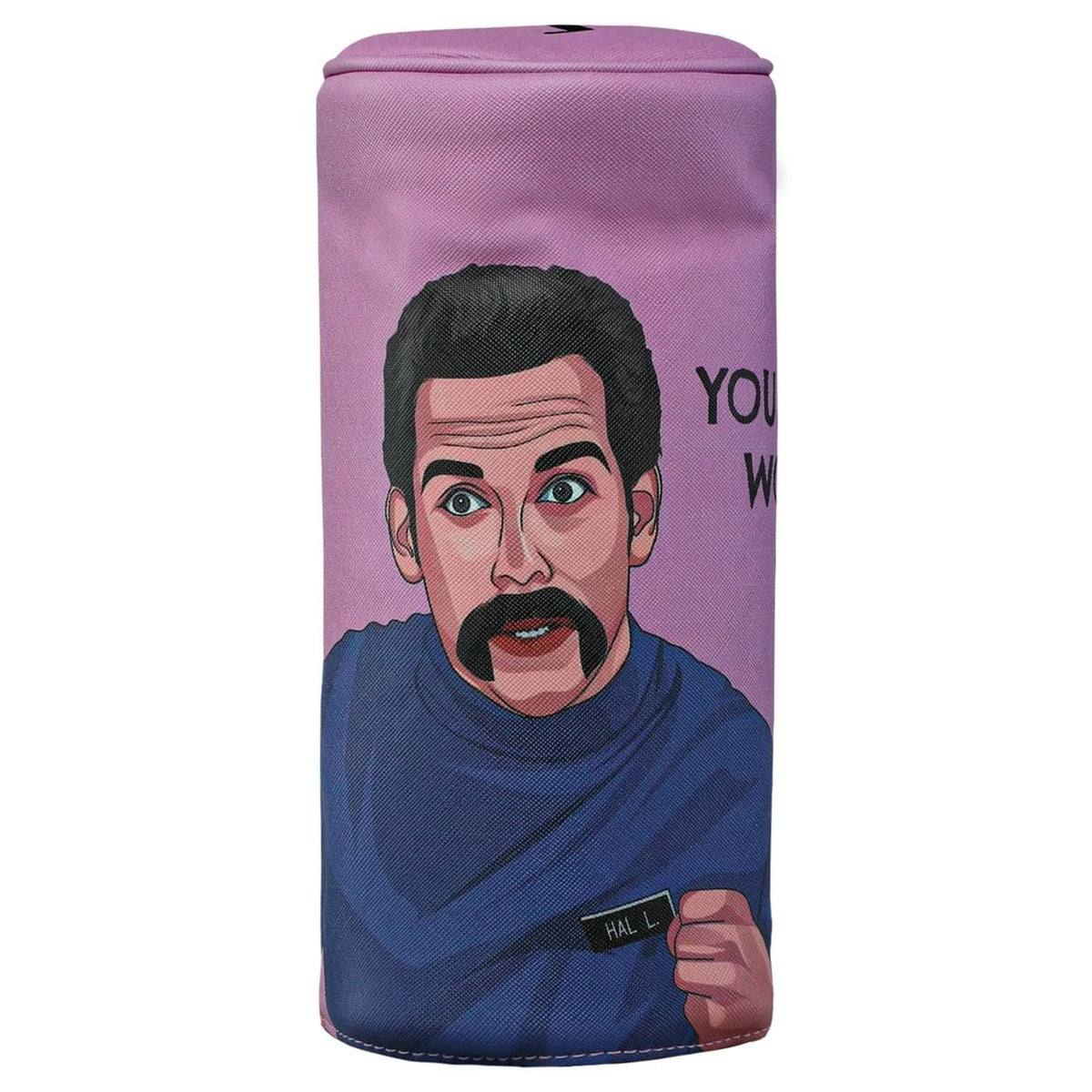 Golf driver headcover in purple with illustrated face and name tag