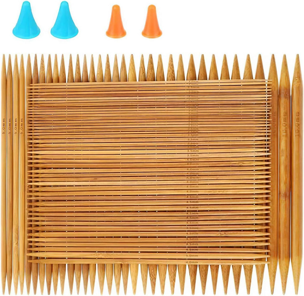 Bamboo double-pointed knitting needles in wood tray organizer with blue and orange caps